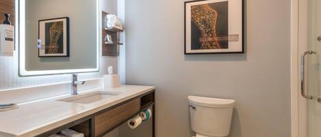 A modern bathroom with a large mirror, a white sink, a toilet, and two framed artworks on the walls.