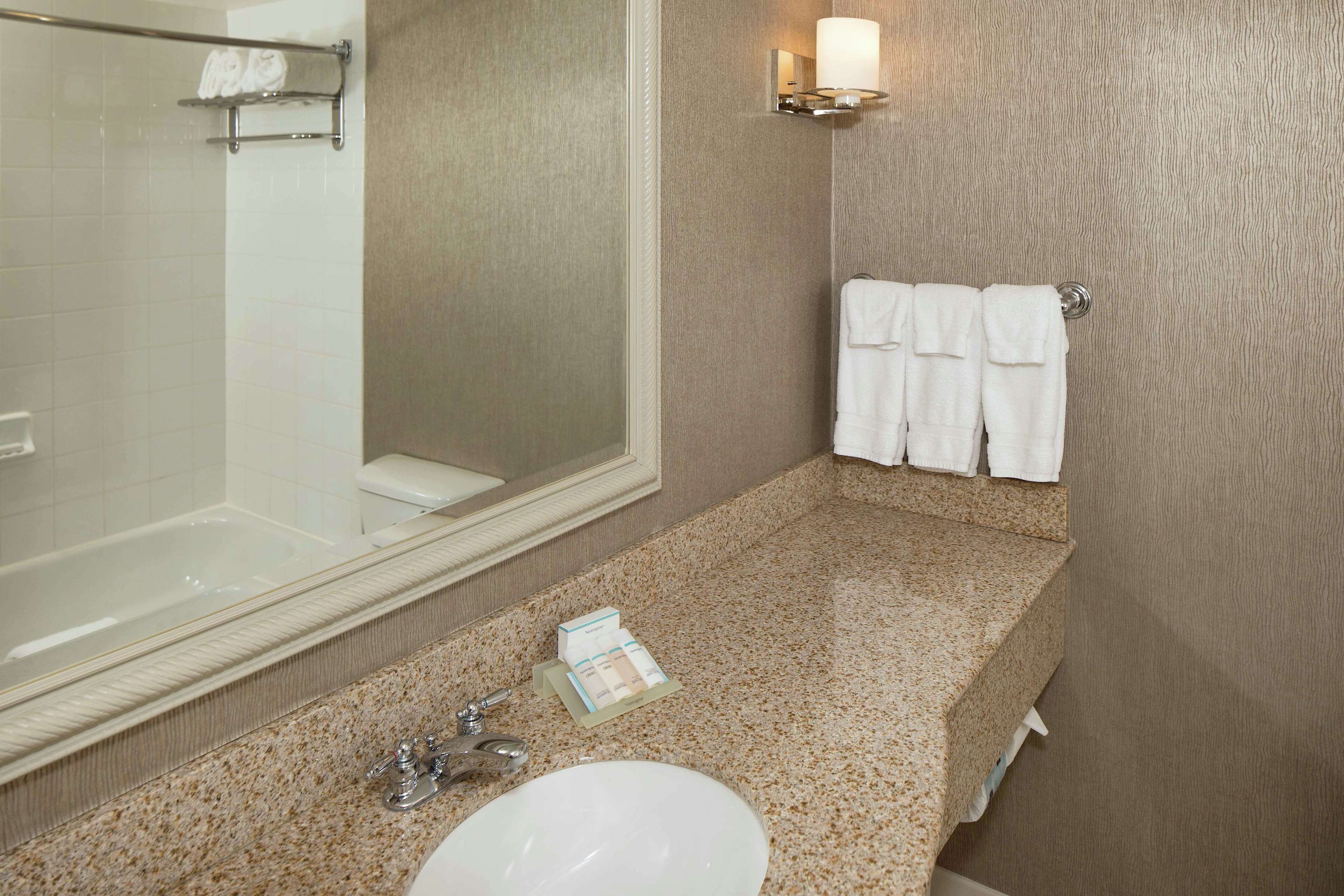 combined shower/bathtub, designer toiletries, hair dryer, towels