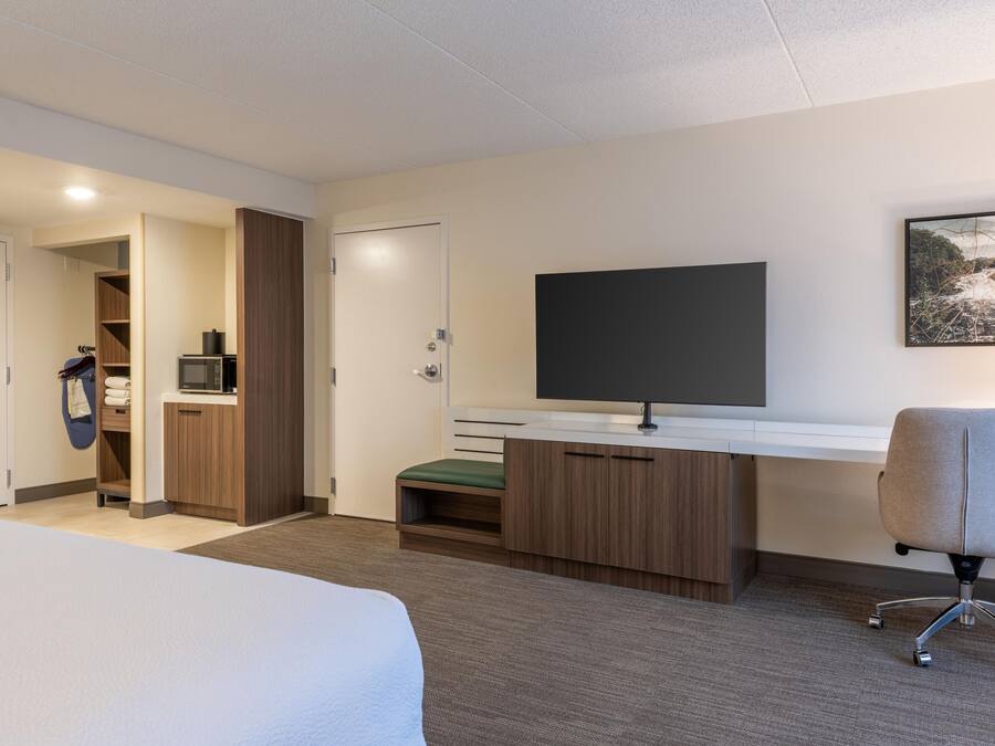 A hotel room with a bed, a desk with a flat-screen TV, a microwave, and a chair.