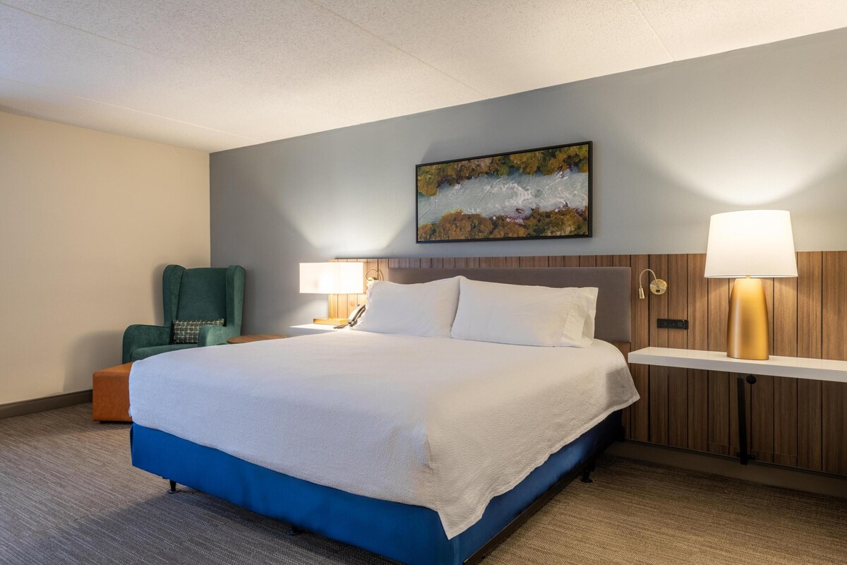Ein Hotelzimmer mit einem großen Bett, einem Sessel, einem Schreibtisch und einem Bild an der Wand.