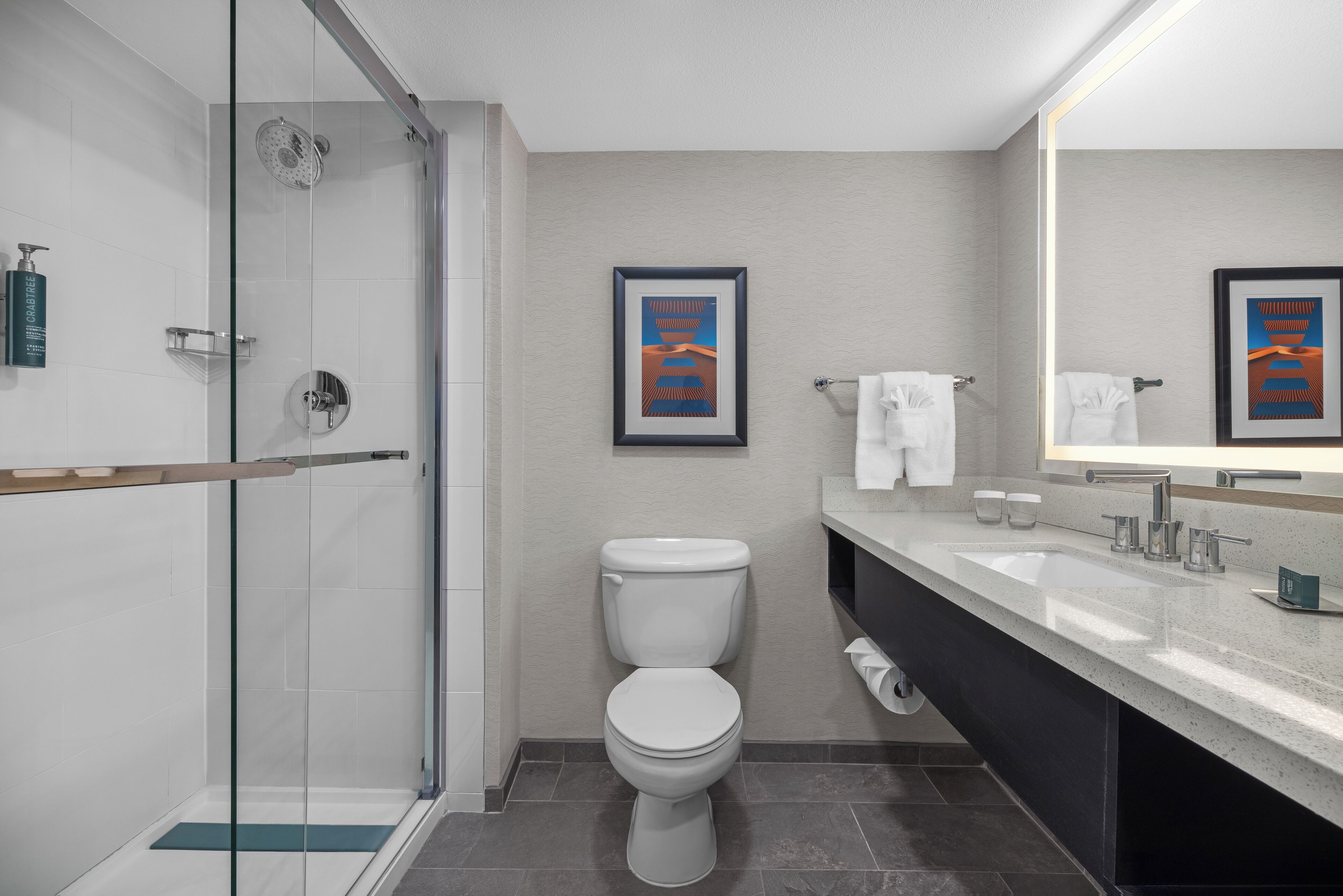 combined shower/bathtub, rainfall showerhead, free toiletries