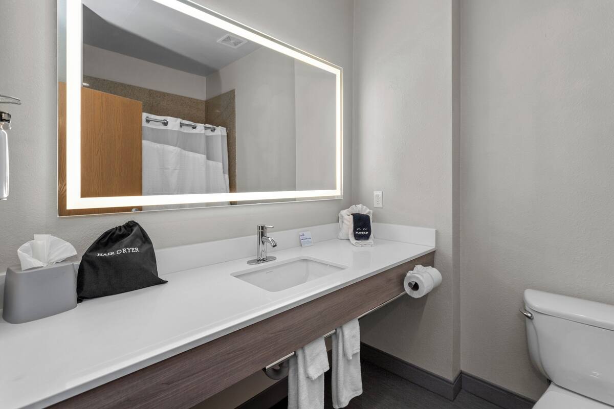Une salle de bain moderne avec un grand miroir, un lavabo blanc et des toilettes.