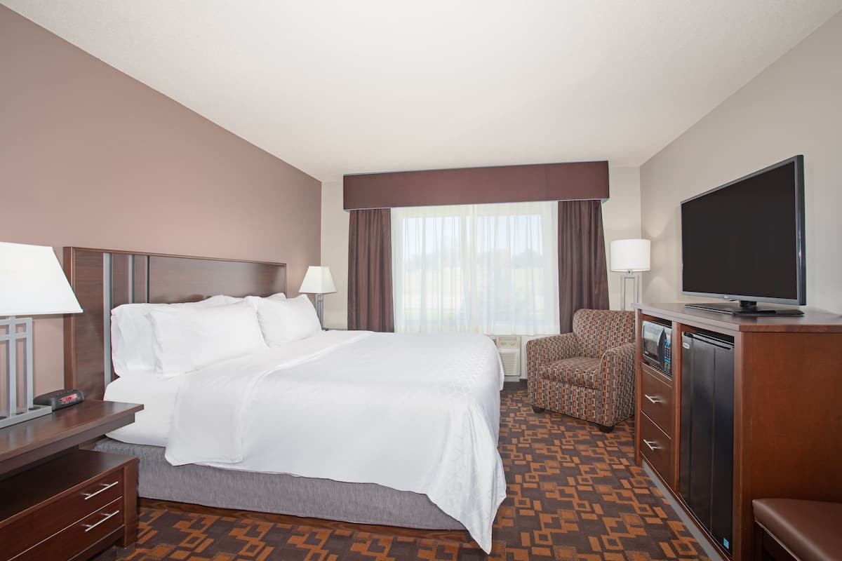 A hotel room with a large bed, a desk with a lamp, a chair, a television, and a minibar.