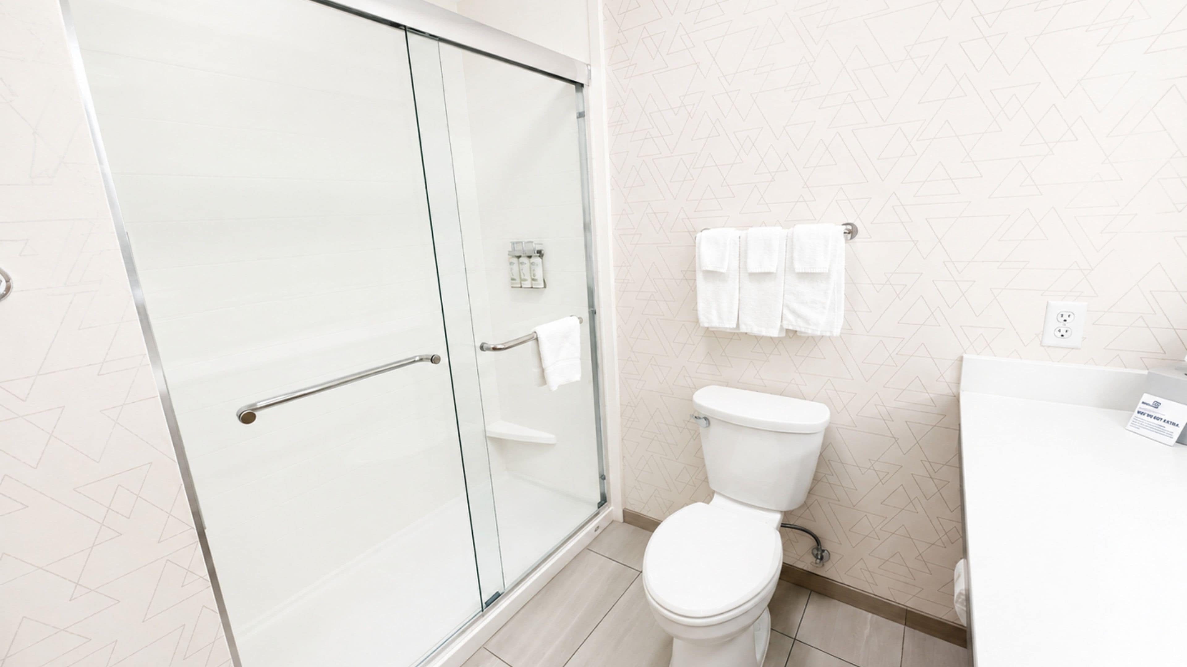 A modern bathroom with a glass shower enclosure, a toilet, and a sink with a towel rack.