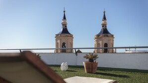 A balcony with a view of two church towers, a potted plant, and a wooden chair. - Hotel Salymar (San Fernando)
