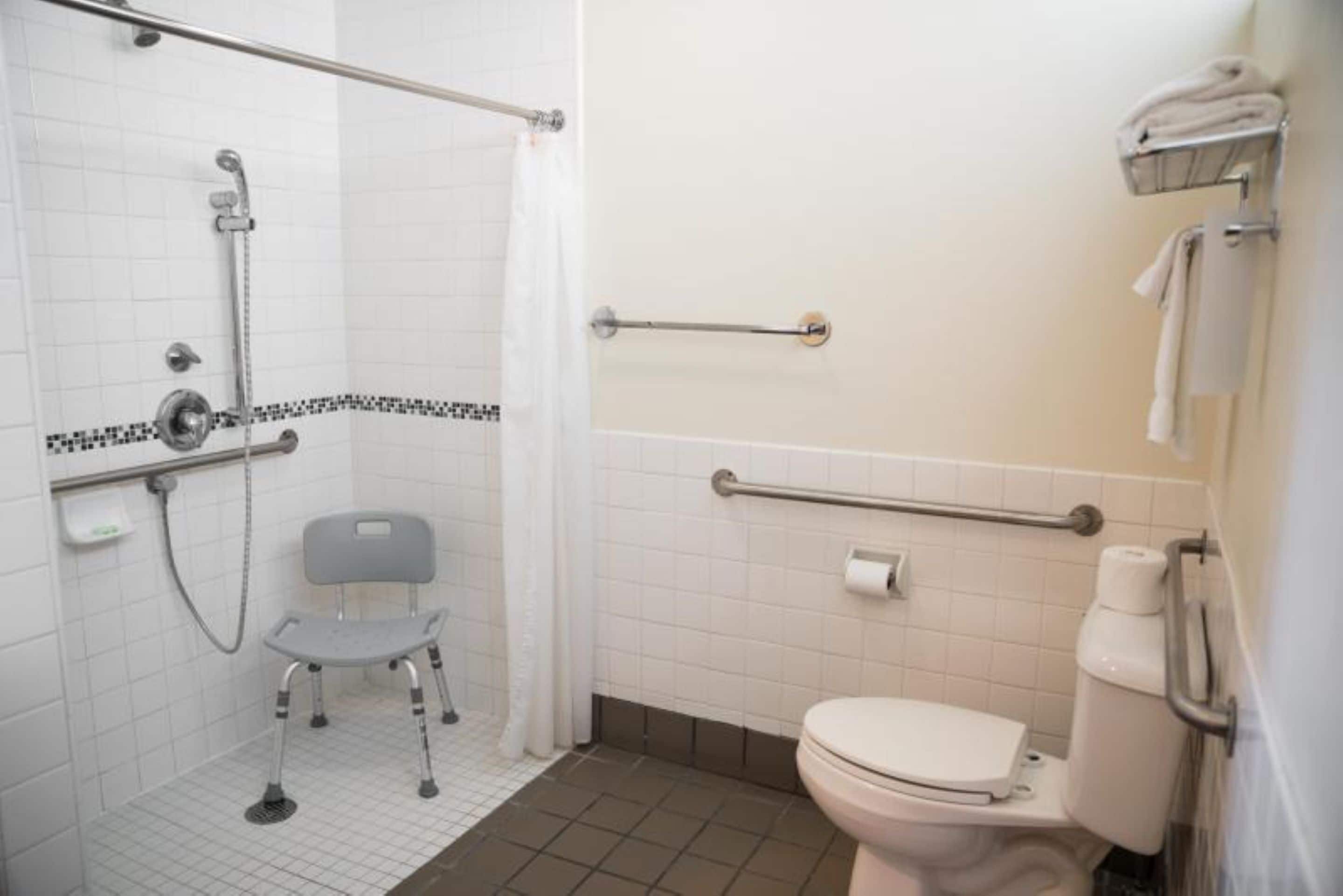 Une salle de bain équipée d’une douche, de toilettes et d’une barre d’appui.