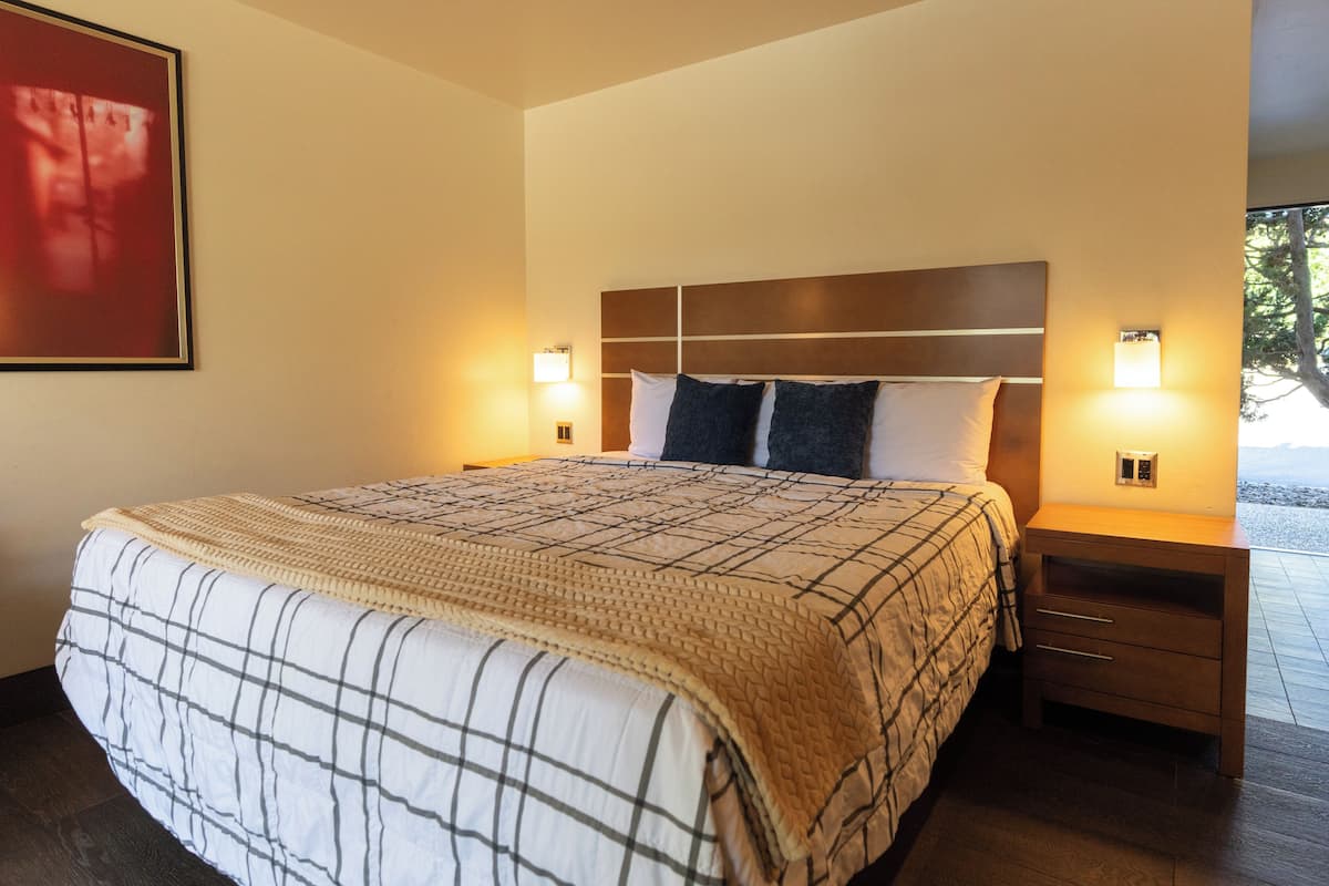 A modern hotel room with a large bed, a wooden headboard, bedside lamps, and a view of the outdoors.