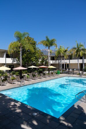 Outdoor pool, pool umbrellas, pool loungers