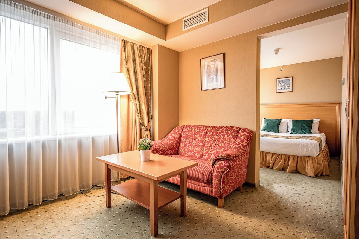 Une chambre d’hôtel avec un lit, un canapé, une table avec une plante et une fenêtre avec des rideaux.