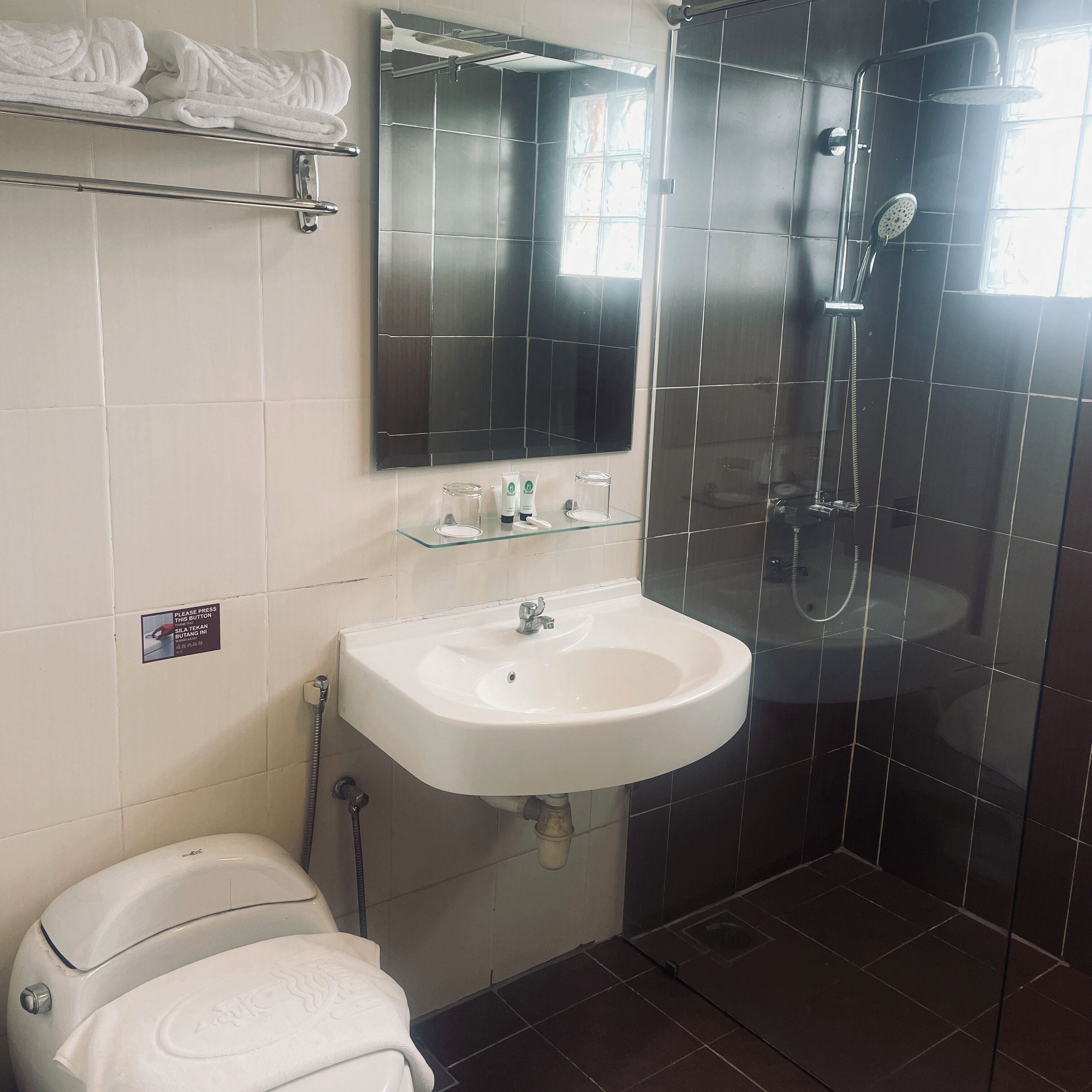 Un baño con lavamanos blanco, inodoro, repisa de vidrio con artículos de aseo, espejo y zona de ducha.