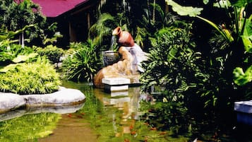 Un jardín tranquilo con un estanque, rocas y plantas tropicales.