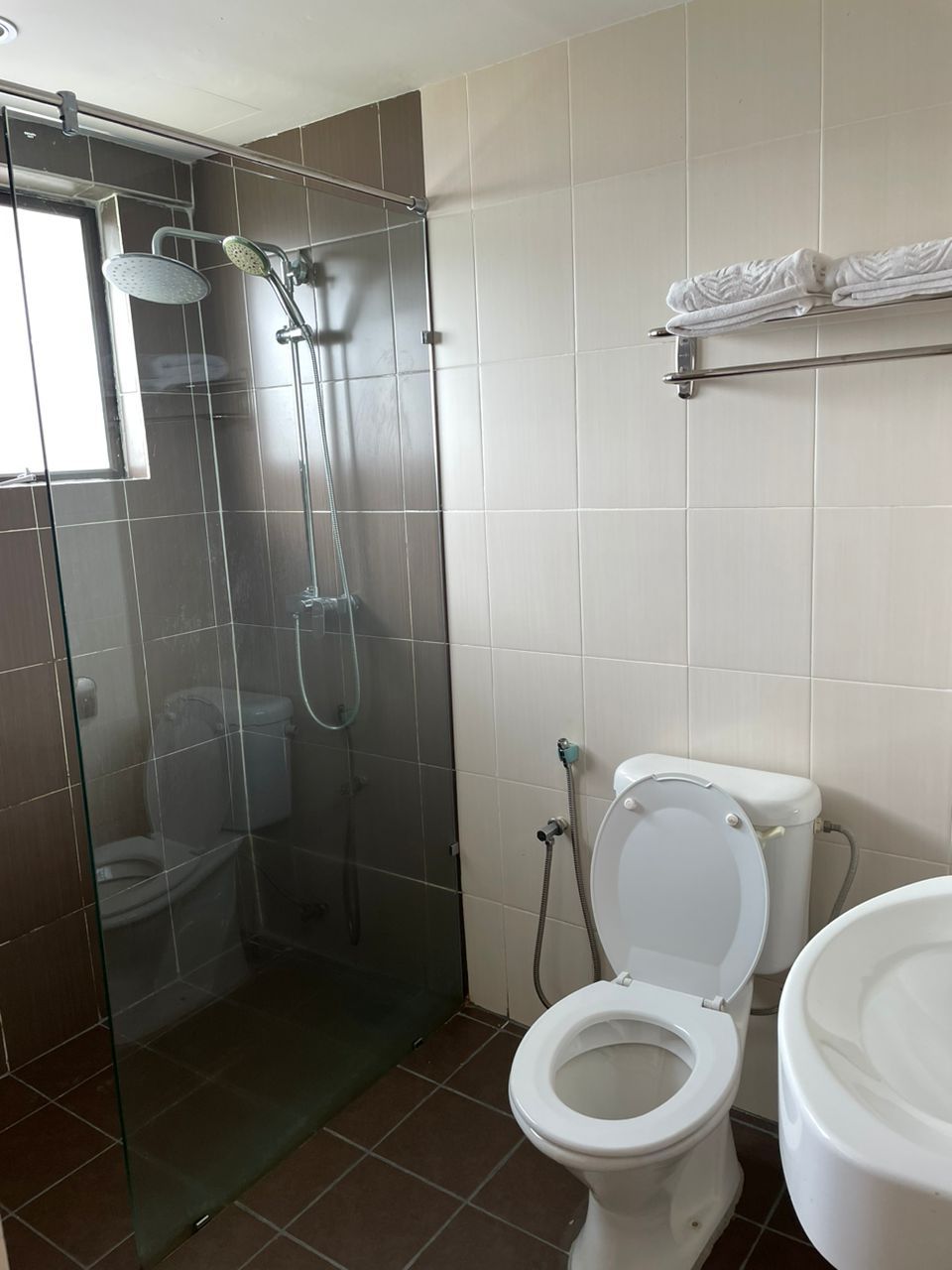A bathroom with a glass-enclosed shower, a toilet, and a sink.