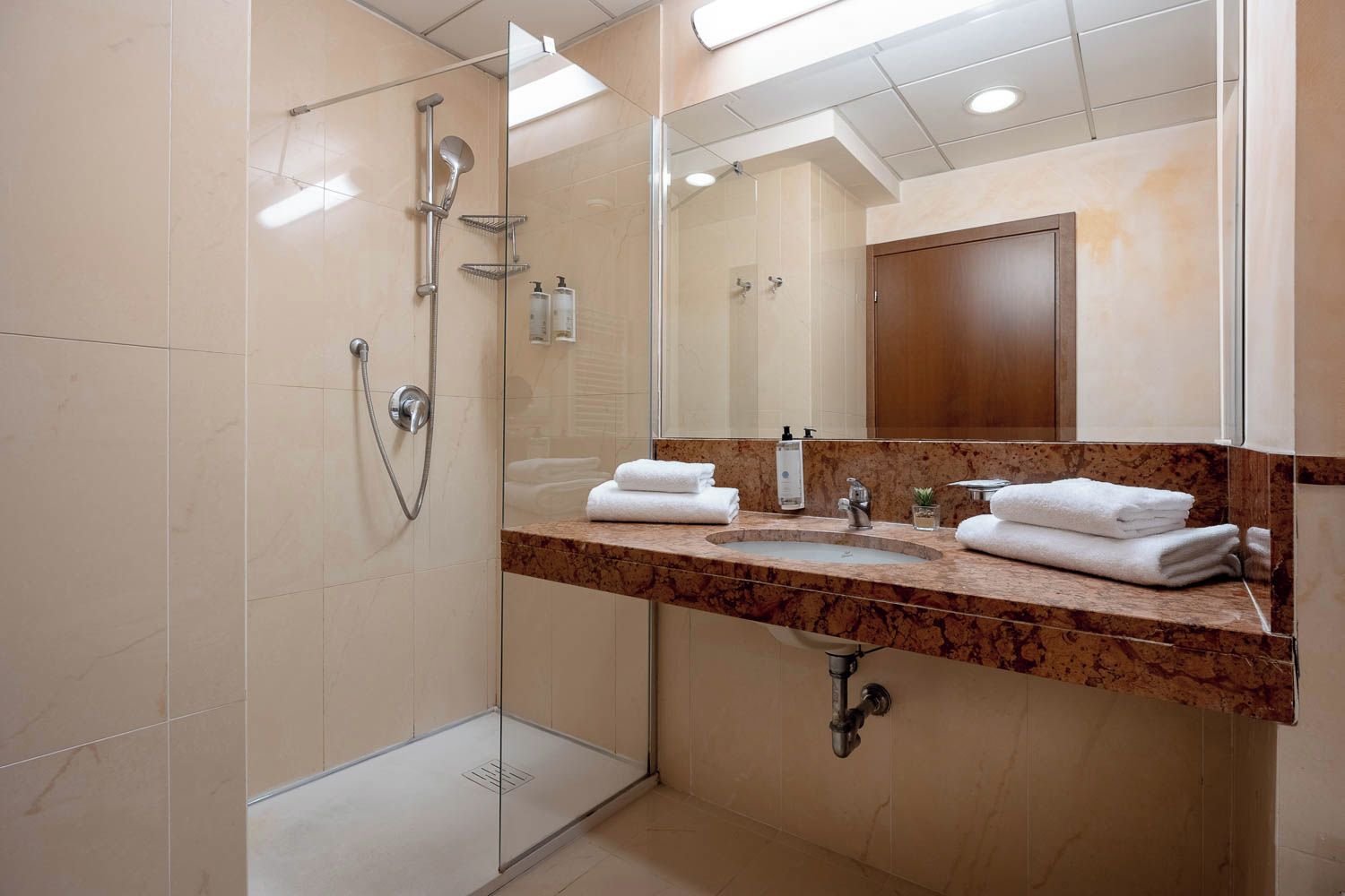 Une salle de bain moderne avec une douche à parois de verre, un comptoir en marbre et un grand miroir.