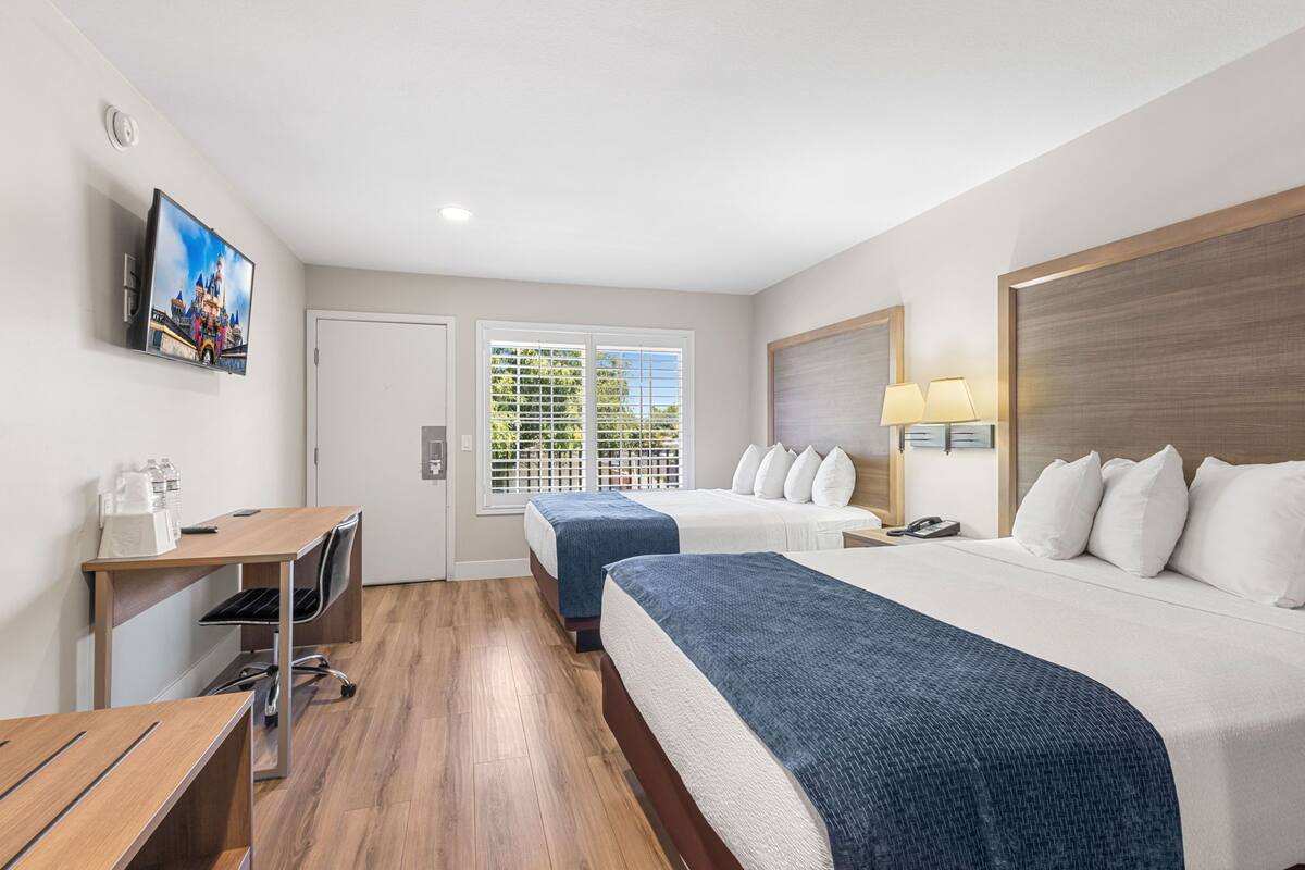 Room, 2 Queen Beds, Non Smoking | Desk, iron/ironing board, free WiFi, bed sheets