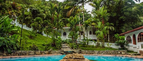 A pool with a rock centerpiece, surrounded by lush greenery and a white building with arched windows.