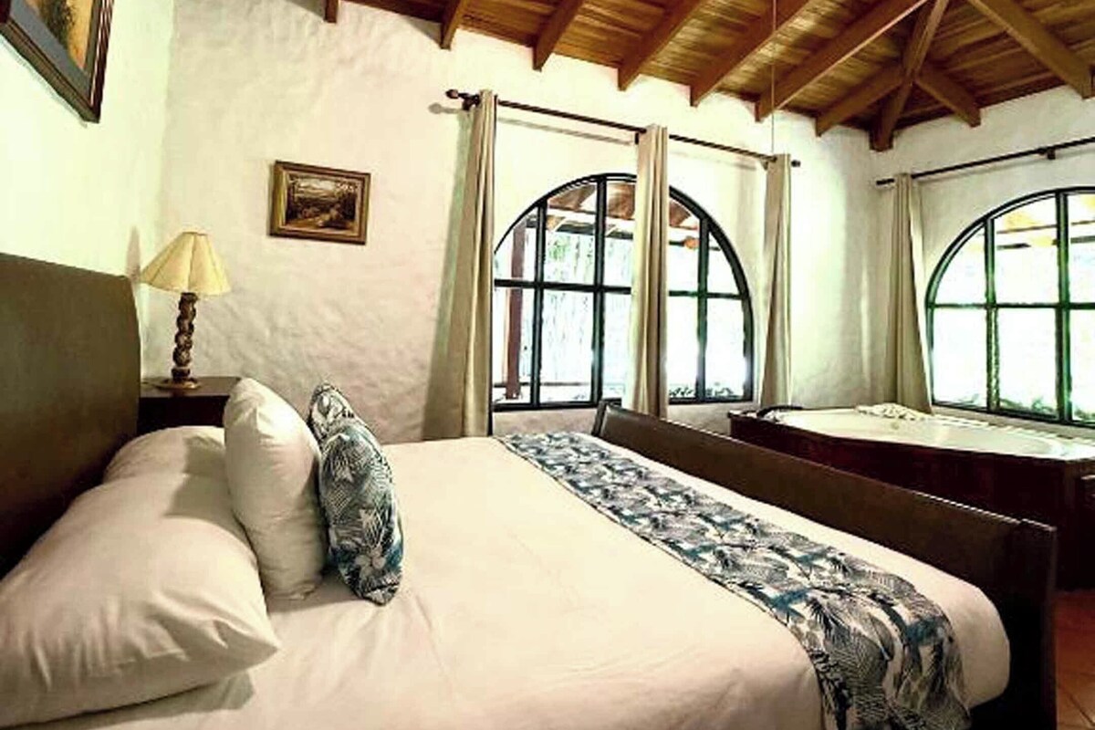 A bedroom with a wooden ceiling, a bed with white bedding, a nightstand with a lamp, and two windows with curtains.