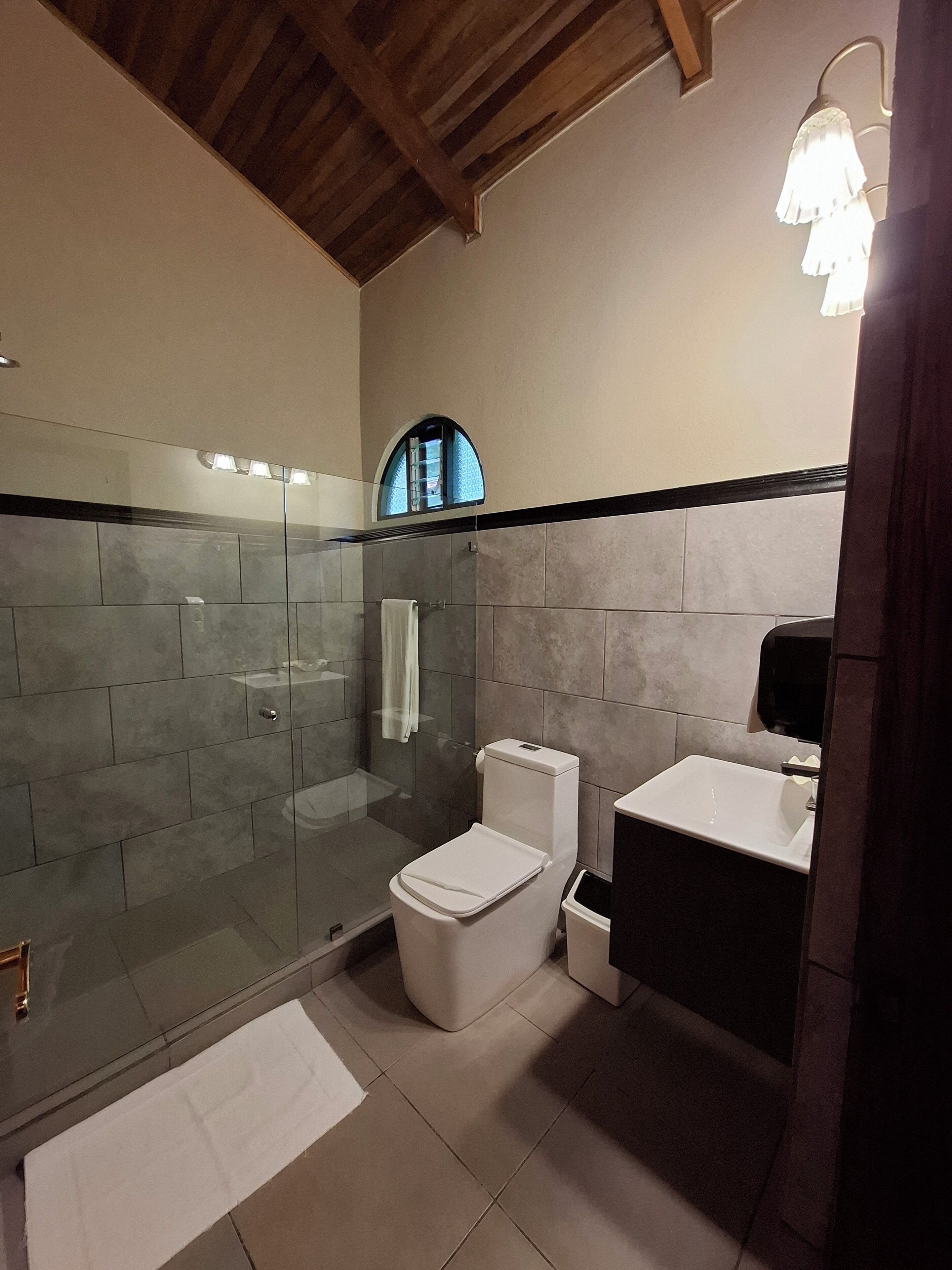 A modern bathroom with a glass-enclosed shower, a toilet, and a sink.