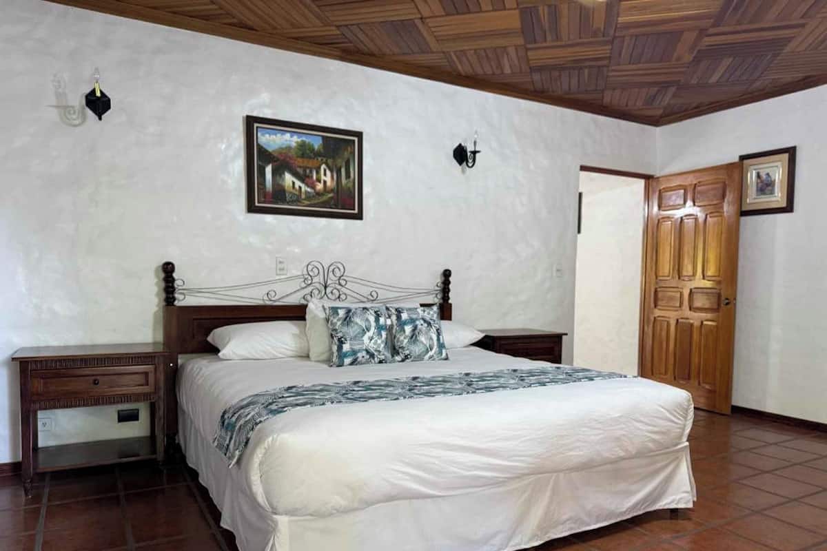 A bedroom with a large bed, wooden headboard, two bedside tables, a nightstand, a wooden door, and a painting on the wall.