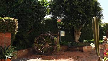 Un patio empedrado con una gran rueda de madera, rodeado de abundante vegetación y un cactus.