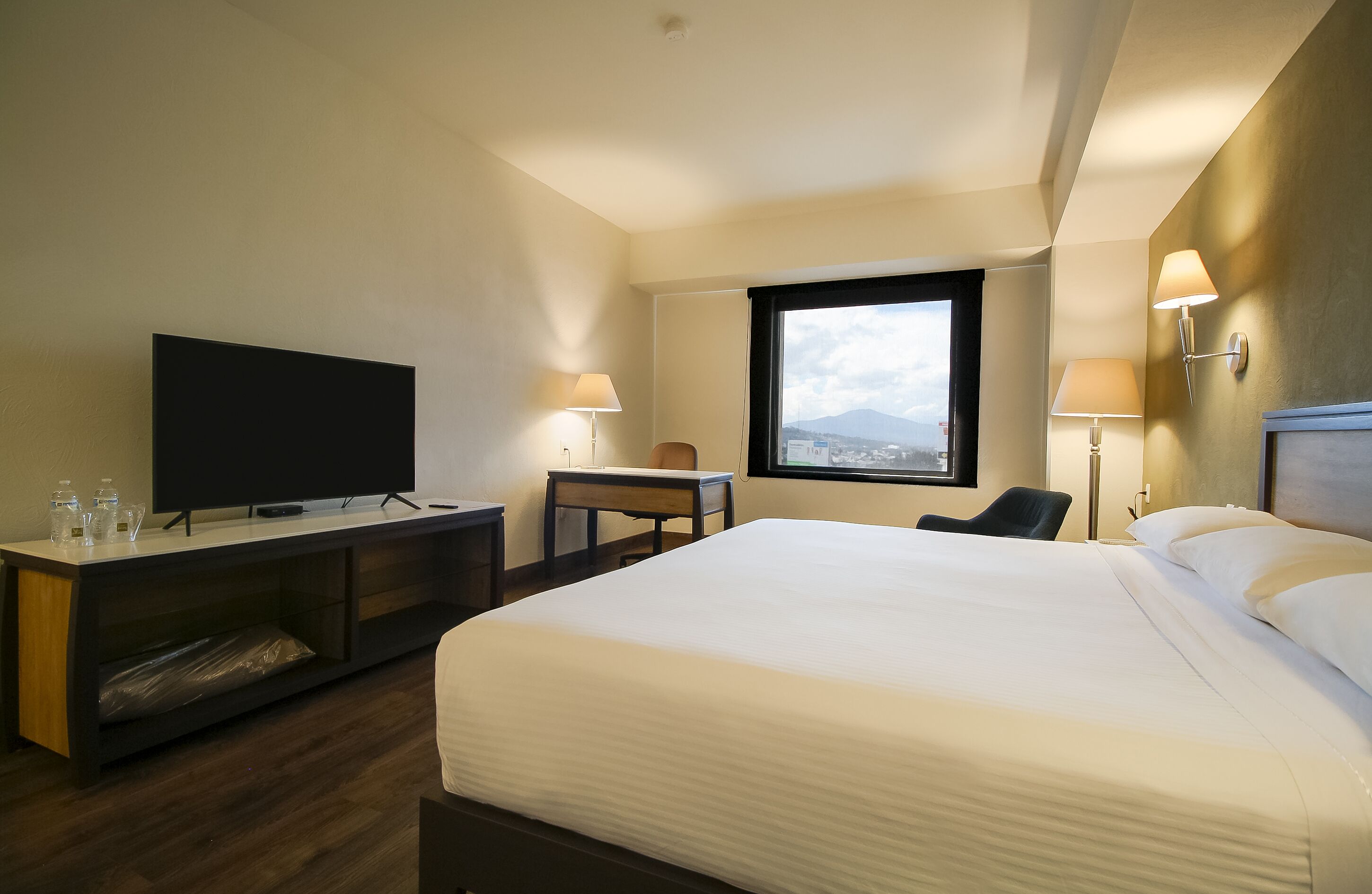 A hotel room with a bed, TV, desk, chair, lamps, and a window with a view.