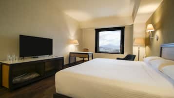 Habitación de hotel con cama, televisor, escritorio, silla, lámparas y ventana con vistas.