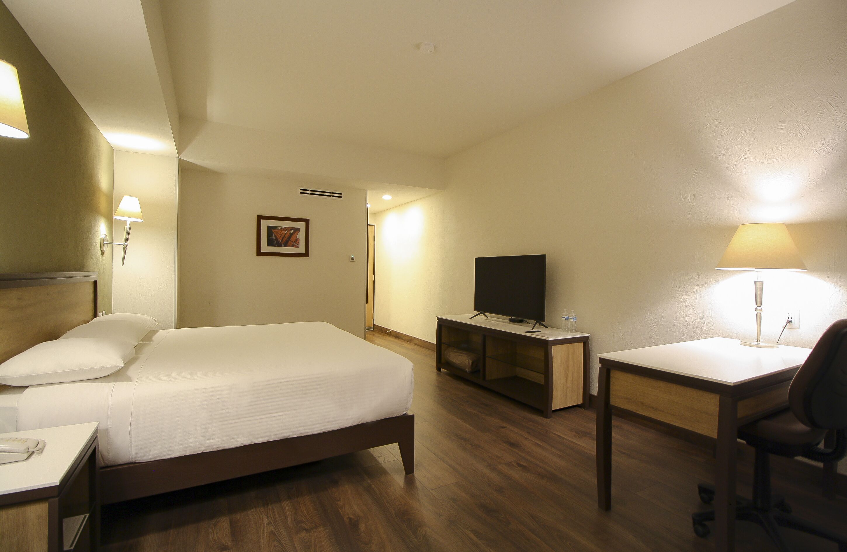 Una habitación de hotel con cama, escritorio, silla, televisor y lámpara.