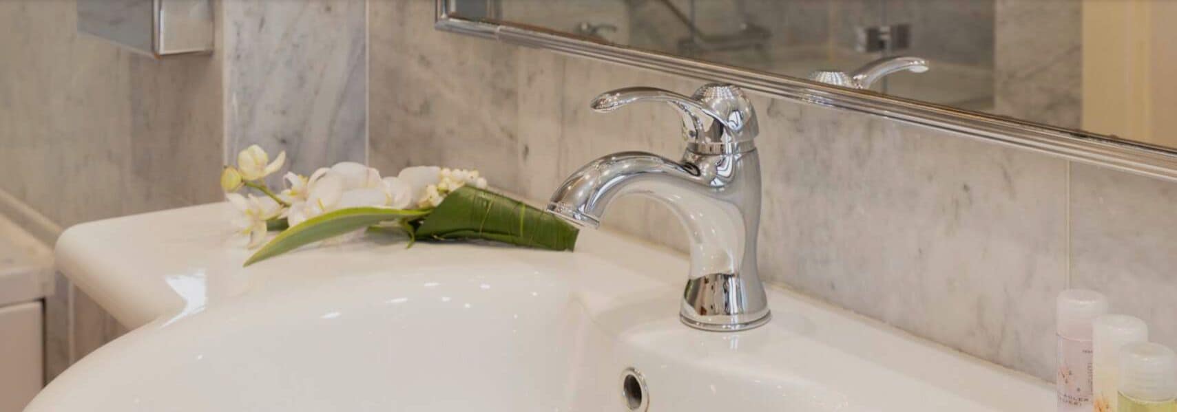 A bathroom sink with a chrome faucet, a mirror above it, and a vase with white flowers on the countertop.