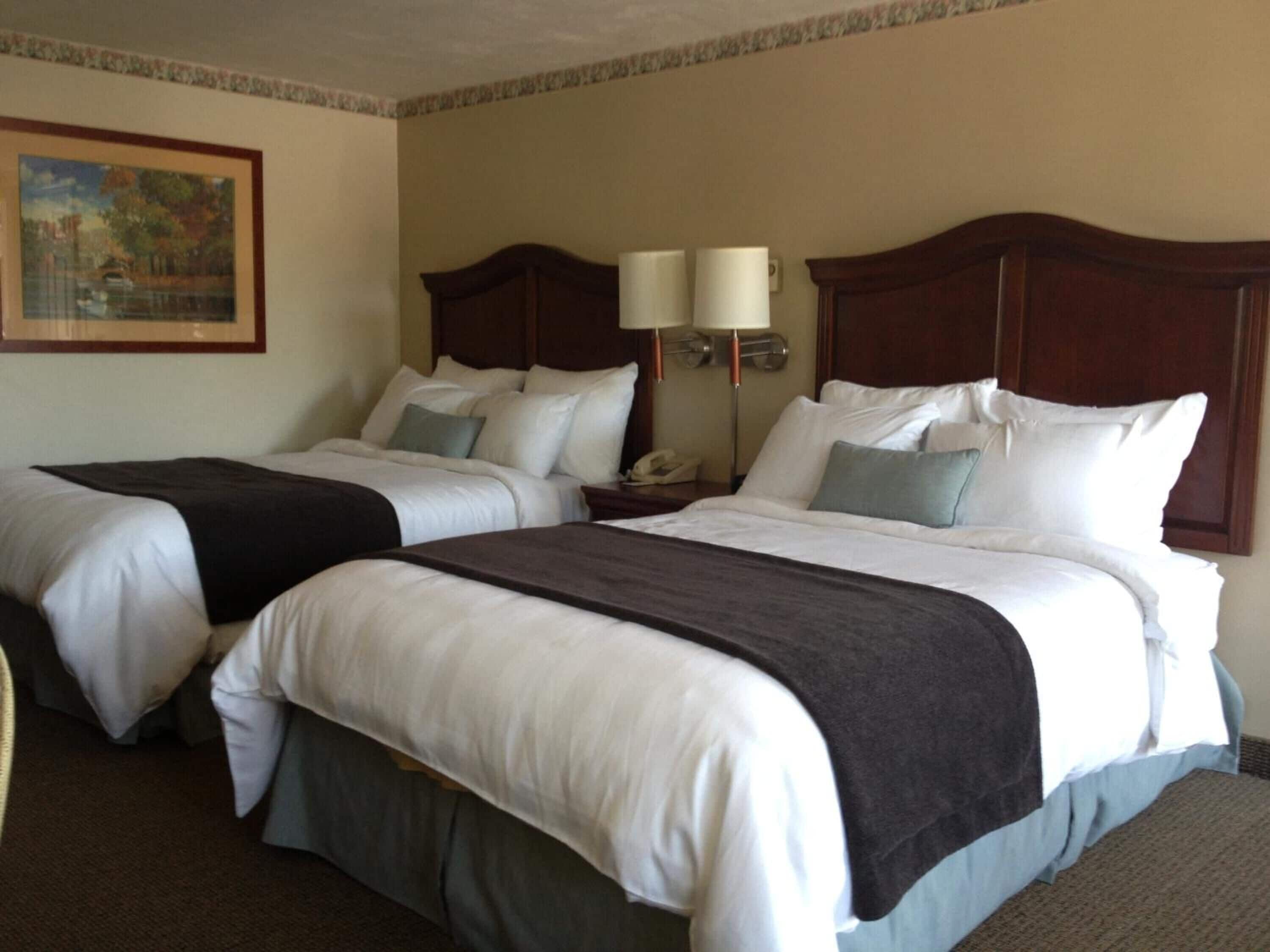 A hotel room with two beds, a nightstand, and a lamp.