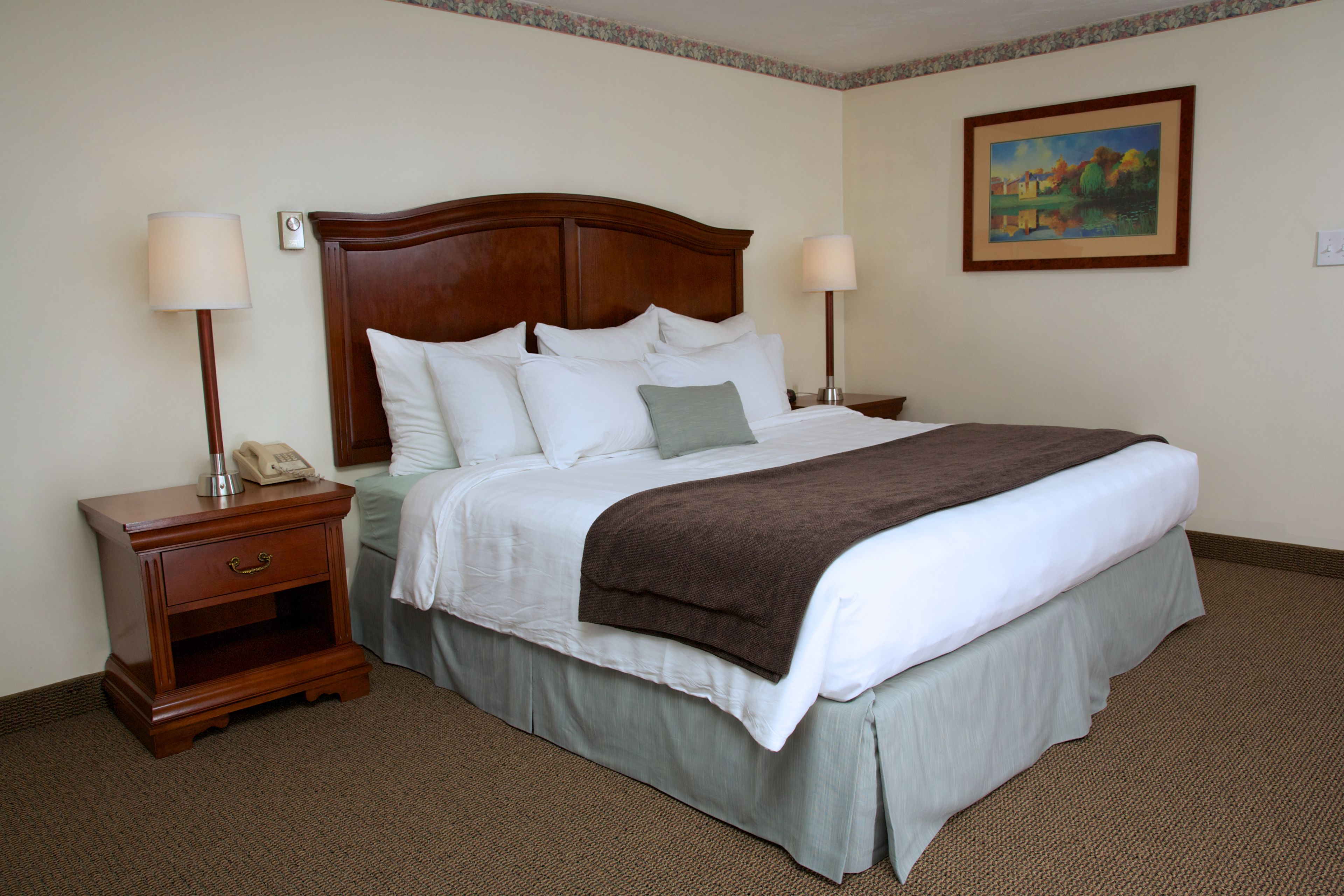 A hotel room with a large bed, two bedside tables, a nightstand, a painting on the wall, and a carpeted floor.