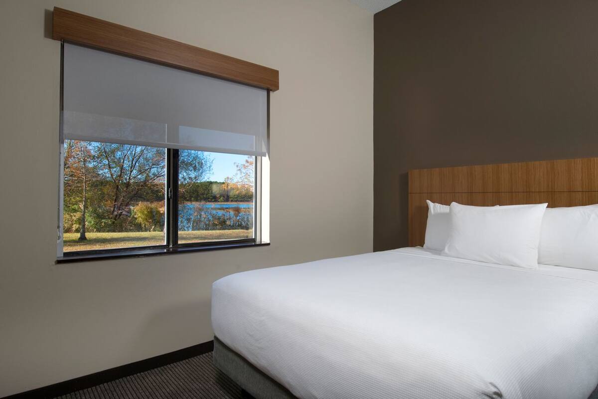 Een hotelkamer met een groot bed, een raam met zonwering en uitzicht op bomen en een meer.
