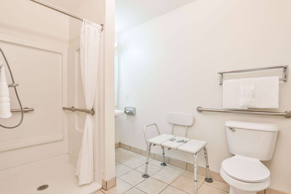 standard room, 1 king bed, accessible, non smoking | bathroom | free toiletries, hair dryer, towels, soap