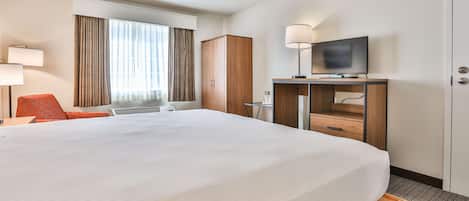 Habitación de hotel con una cama grande, un escritorio, un televisor de pantalla plana, un armario y una ventana con cortinas.