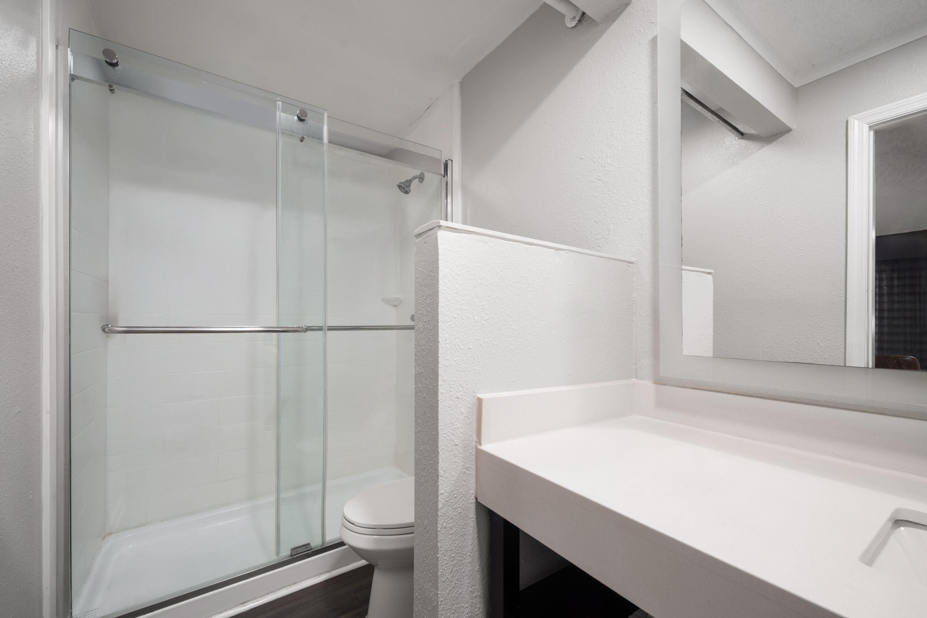 Een moderne badkamer met een glazen douchecabine, een wit toilet en een witte wastafel met een spiegel erboven.