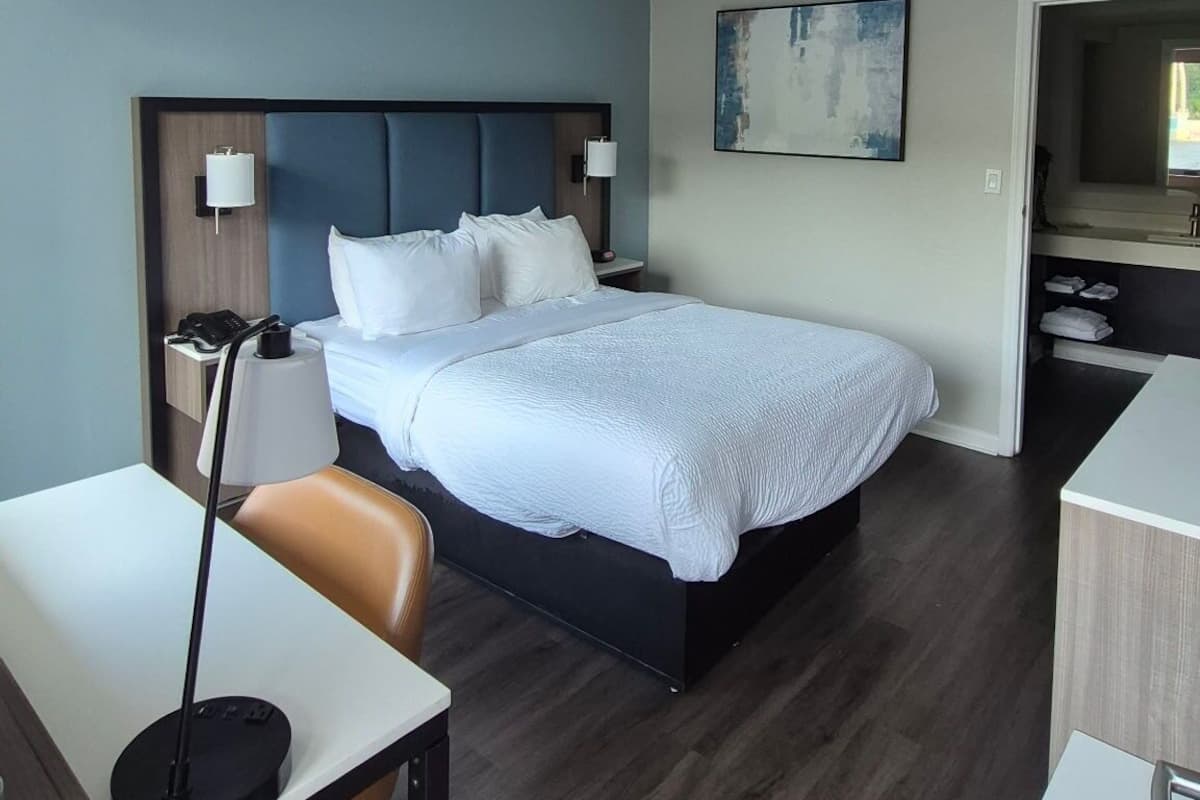 Room, 1 King Bed, Hearing Accessible, Non Smoking (Mobility, Bathtub w/ Grab Bars) | Desk, laptop workspace, blackout drapes, iron/ironing board