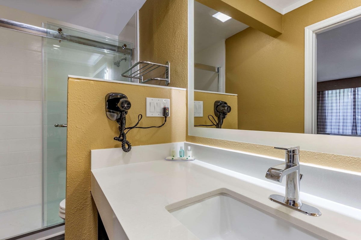 A bathroom with a white sink, chrome faucet, and a large mirror. There is a glass shower enclosure and a towel rack above the sink.