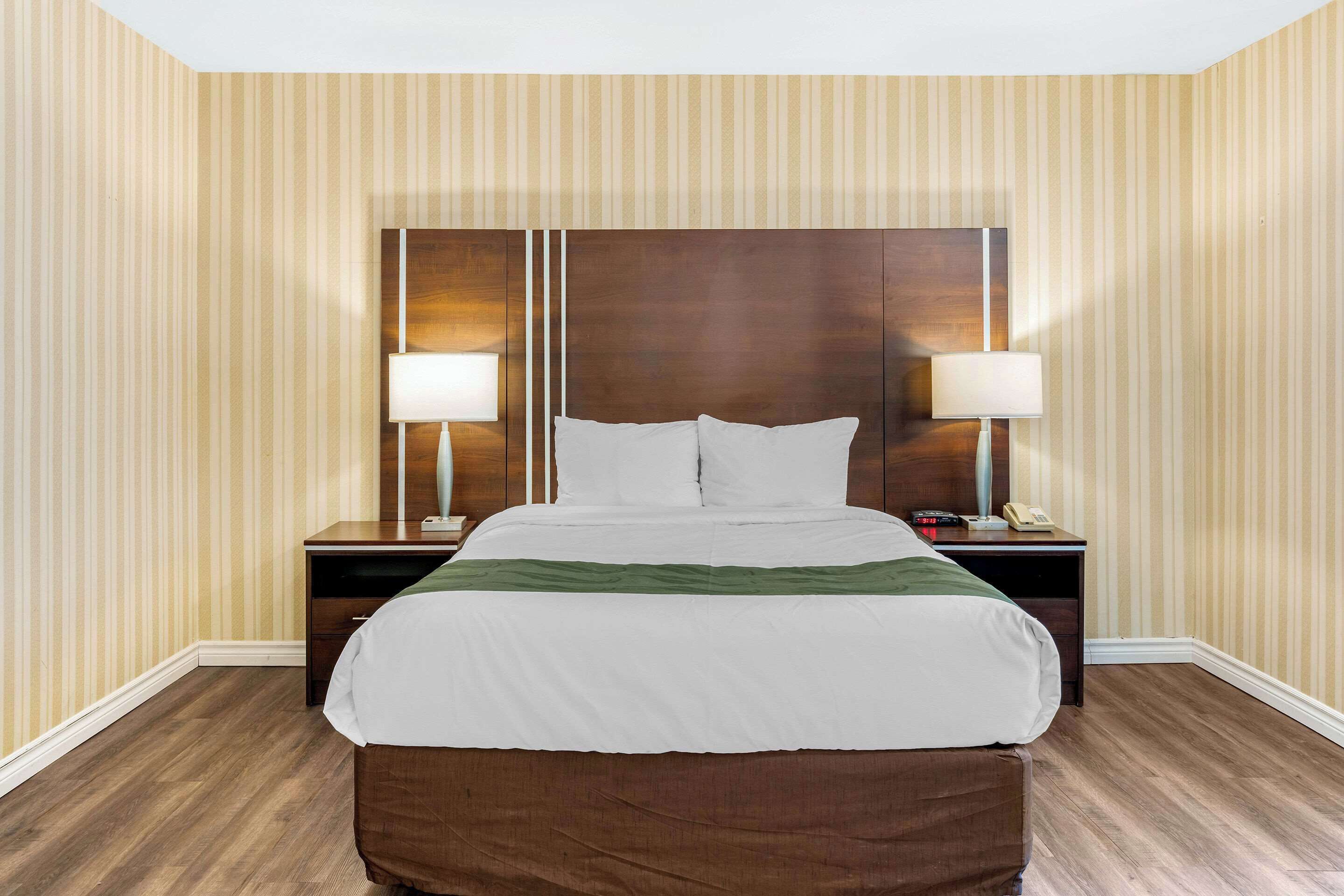 A hotel room with a large bed, two bedside tables with lamps, and striped wallpaper.
