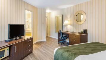 Ein Hotelzimmer mit einem Flachbildfernseher, einem Schreibtisch mit Stuhl, einem Bett mit grün-weißer Bettdecke und einem großen Spiegel an der Wand.