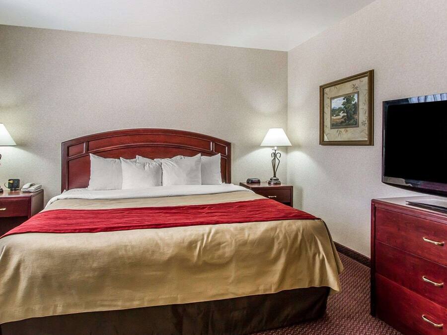 Una habitación de hotel con una cama, mesitas de noche, una lámpara, un televisor y un aparador.