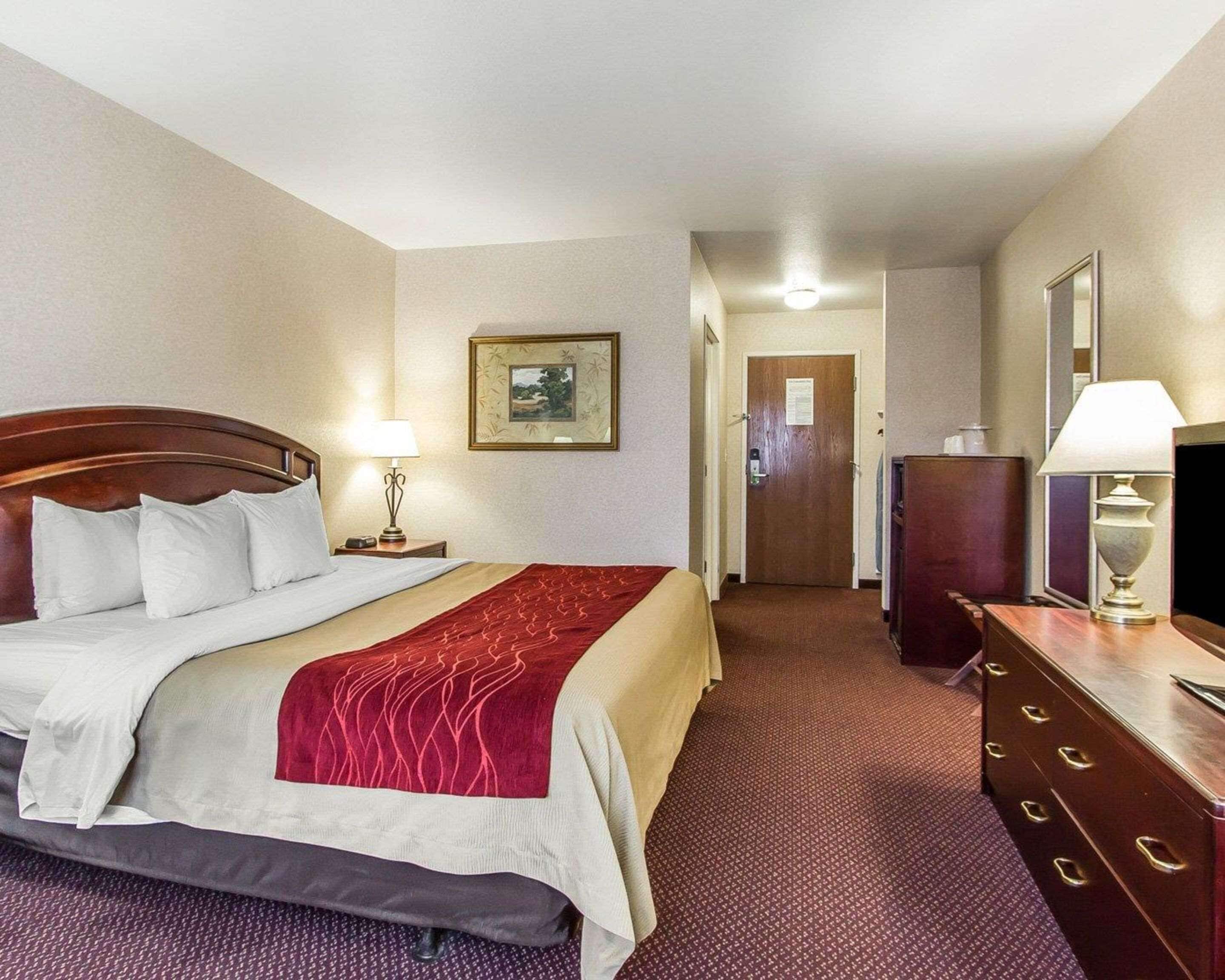 A hotel room with a large bed, a dresser, a desk, a lamp, and a framed picture on the wall.