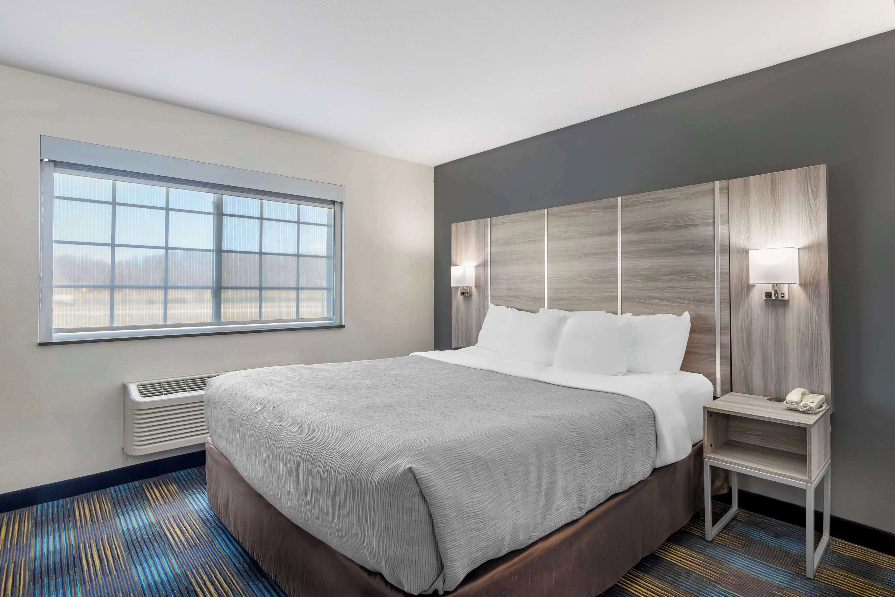 A hotel room with a large bed, a nightstand with a phone, a window with blinds, and a wall-mounted heater.