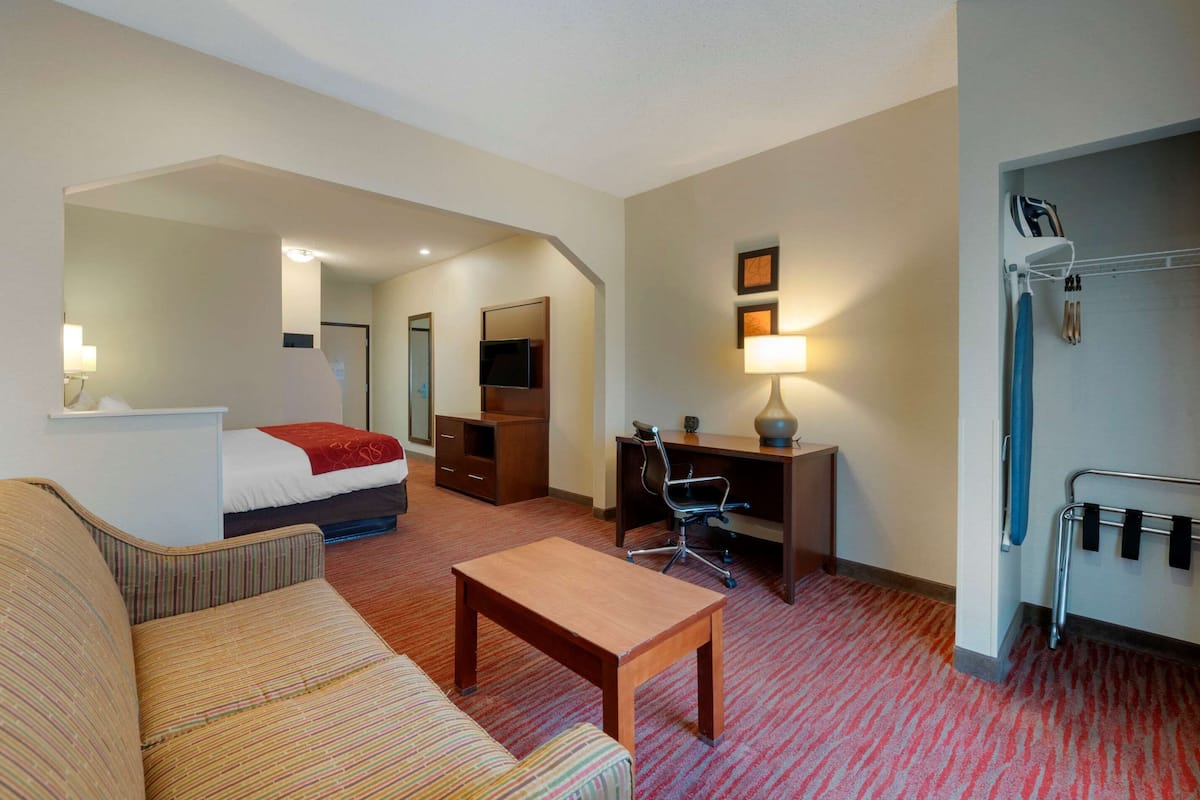 Habitación de hotel con cama, escritorio con silla, pequeña mesa, sofá, televisor y espejo.