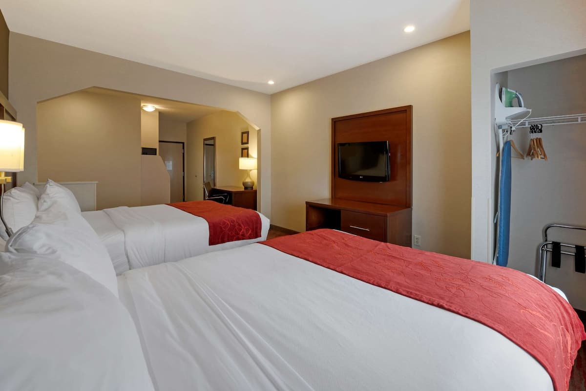 Habitación de hotel con dos camas, televisor, espejo y zona de ducha.