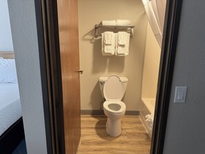 Combined shower/tub, free toiletries, hair dryer, towels