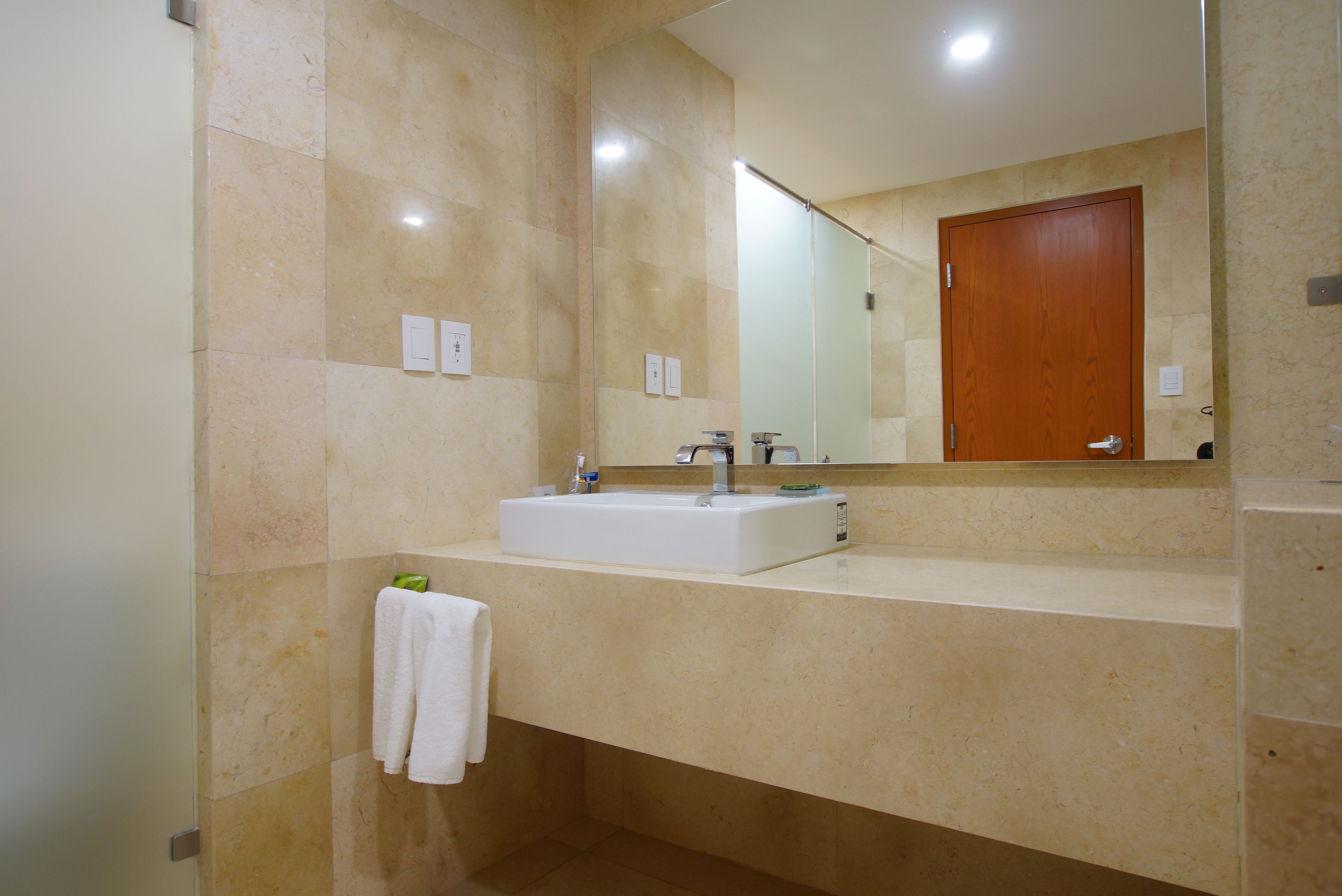 Un baño moderno con un lavamanos grande, un espejo y una puerta de madera.