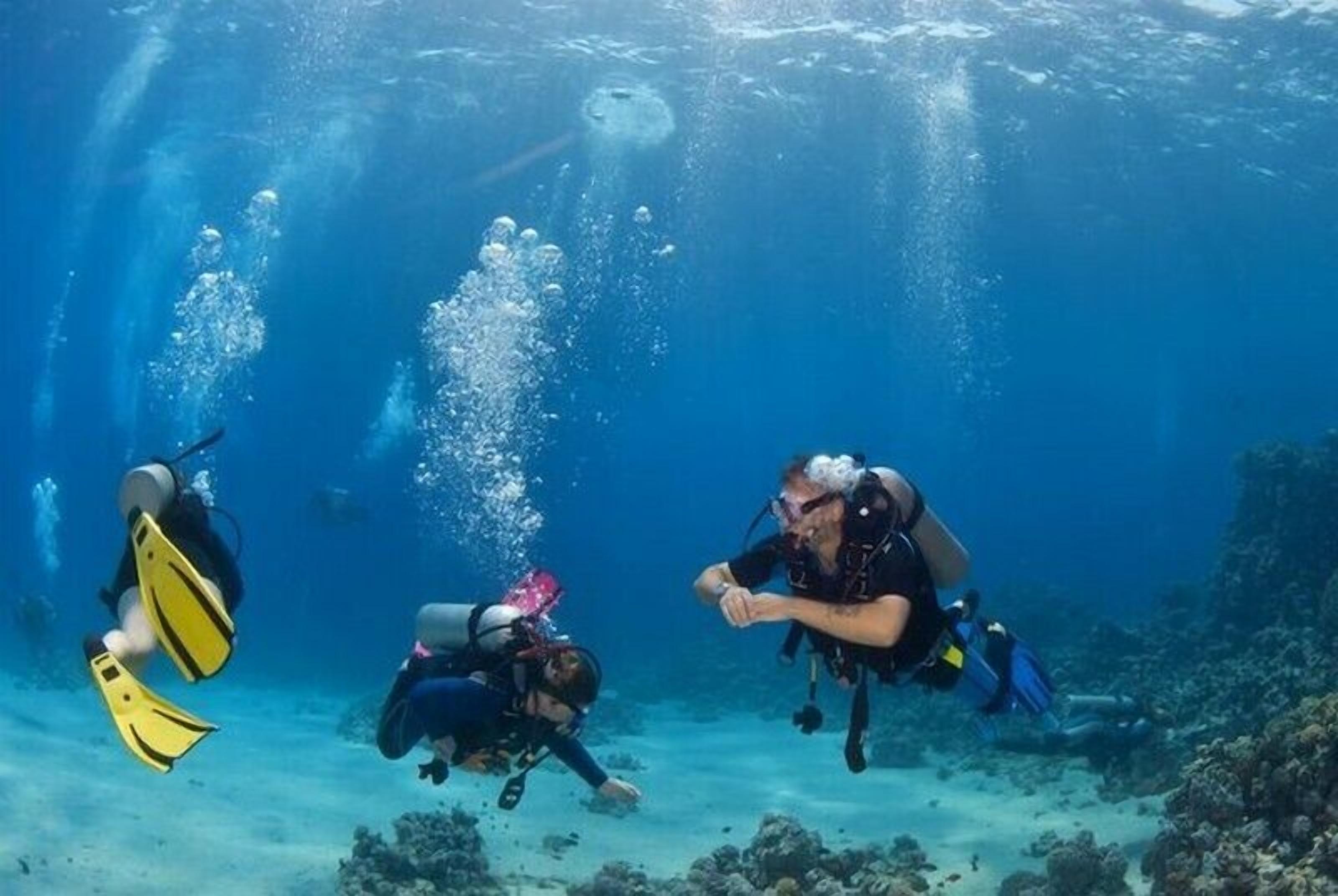 Three divers underwater with fins and scuba gear.