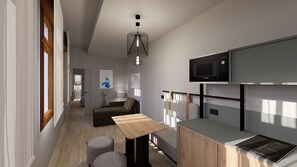 Una cocina moderna con un microondas Bosch, una mesa de comedor de madera y una estufa integrada.