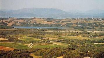 A panoramic view of a rural landscape with fields, a lake, and distant mountains.