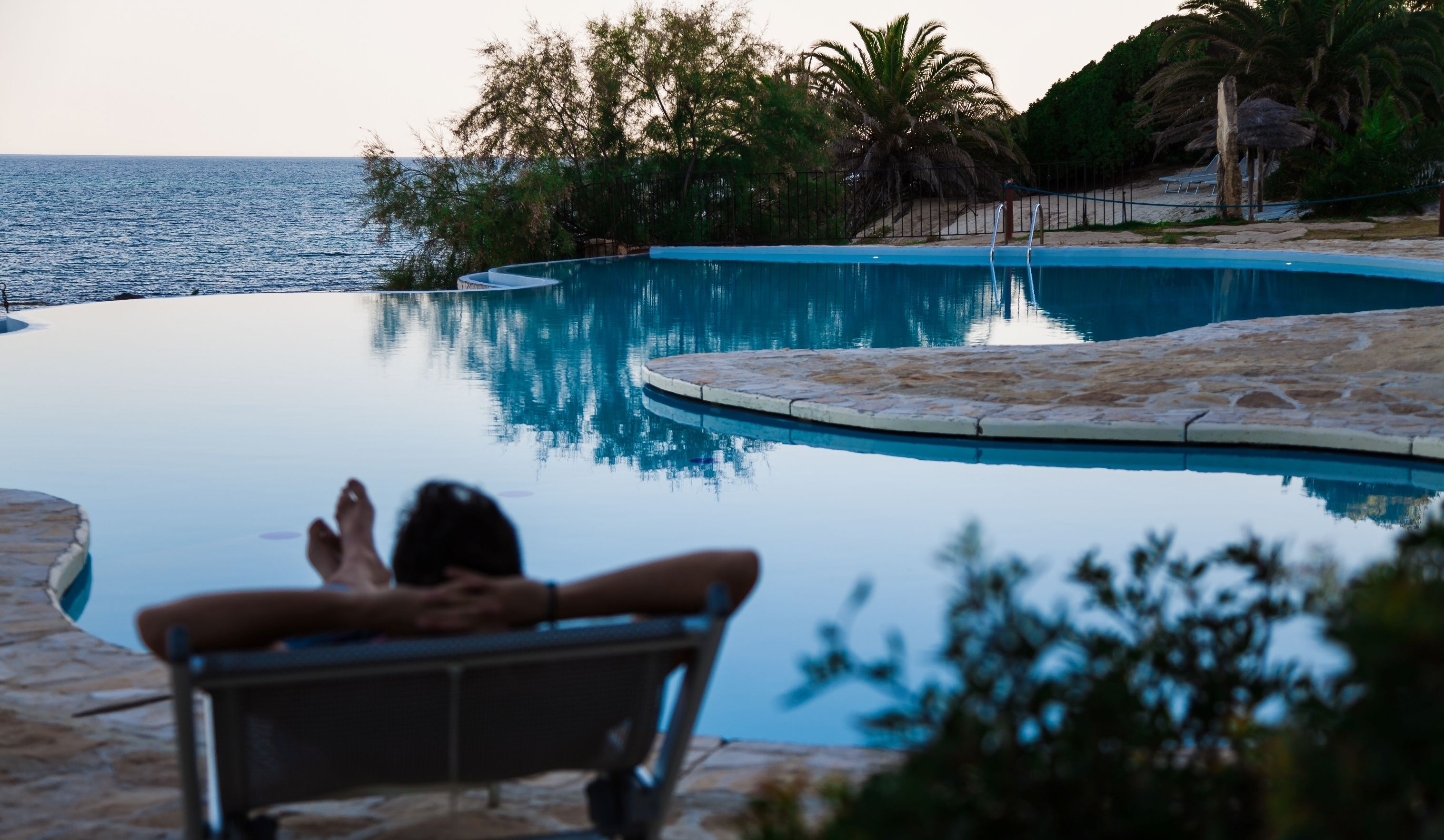 A pool with a curved edge, surrounded by palm trees and a view of the sea.