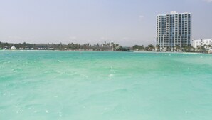A coastal view with a tall hotel building, clear turquoise waters, and a line of palm trees. - Playa Blanca Beach Resort - All Inclusive (Rio Hato)