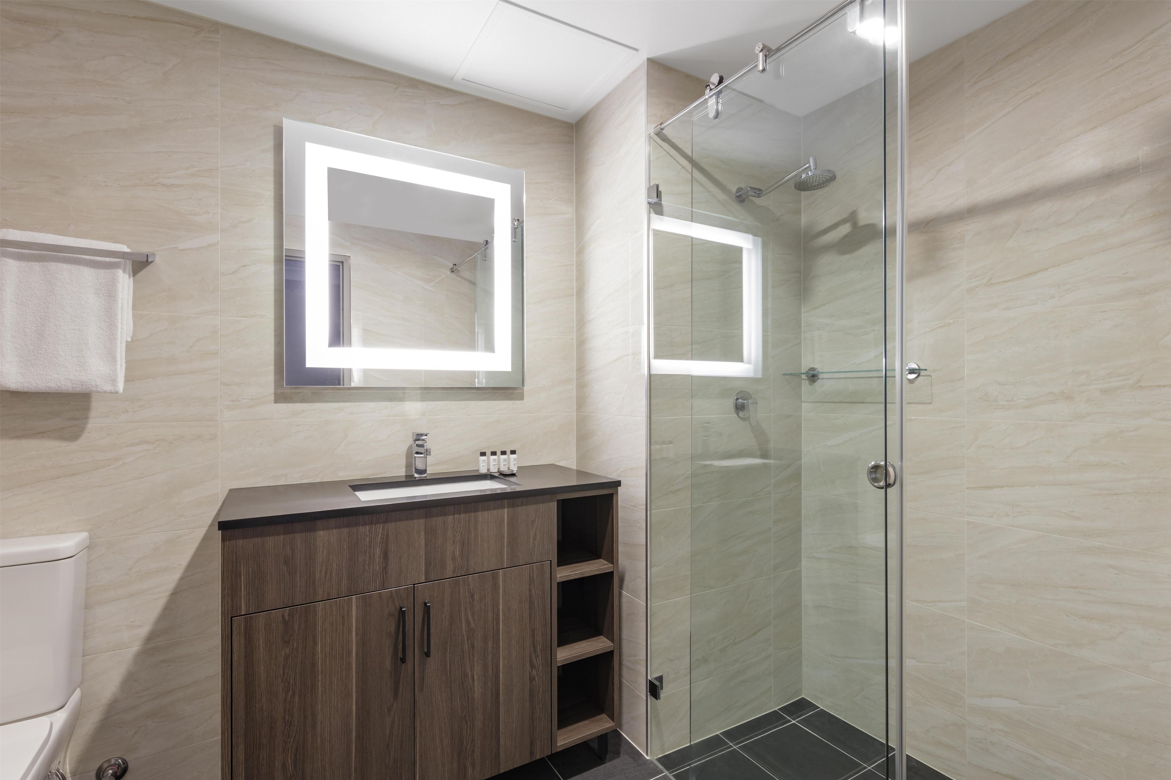 A modern bathroom with a glass shower enclosure, a vanity with a mirror, and a toilet.